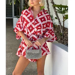 Summer New Print Short Sleeve Shirt Romper Women's Fashion Loose Casual Lace-up Elegant Beach Holiday Romper Shorts Female 2024