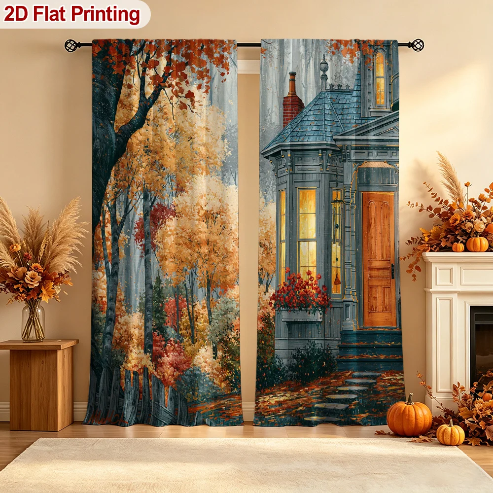 2PCS Digital Print Curtains, Autumn Forest Blue Roof Cottage Warm Window Pattern, Oil Painting Cozy Style for Bedroom ／ Country