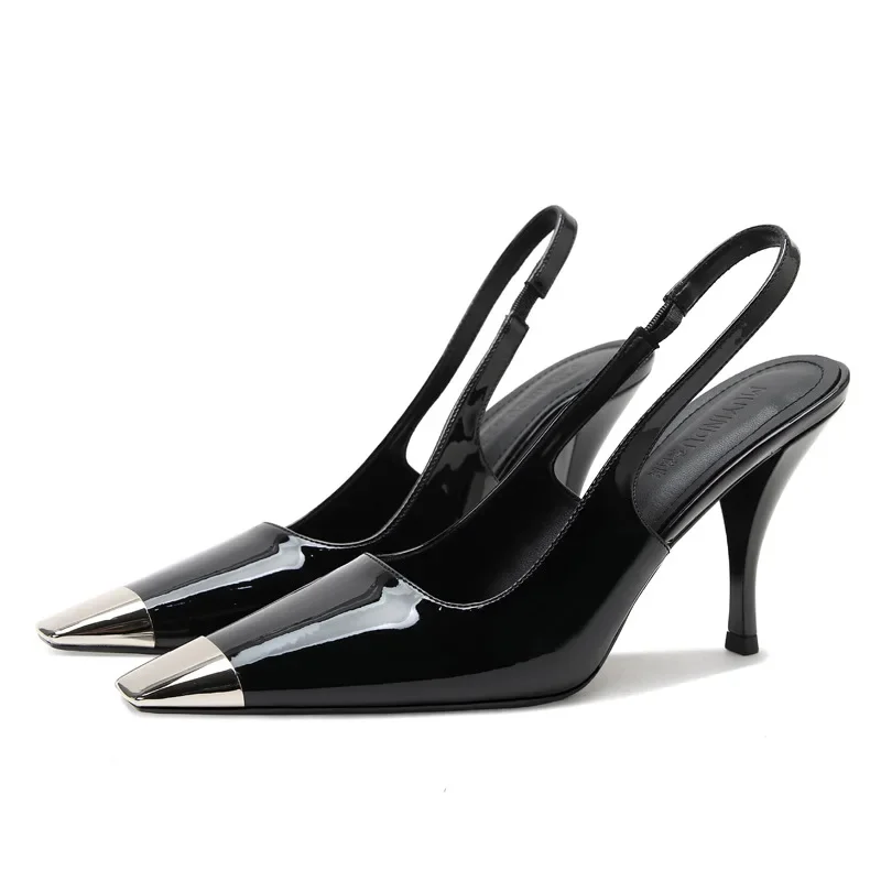 New Women Black PU High Heels Fashion Slingbacks Pumps Shallow Mouth Sexy Lady Office Heeled Sandals Spring Elegant Stilettos