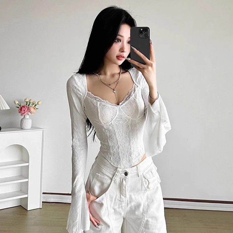 

Sweet Sexy Square Neck White Blouse Slim Elegant Lace Flared Sleeve Top American Street Chic Office Lady Cropped Shirt