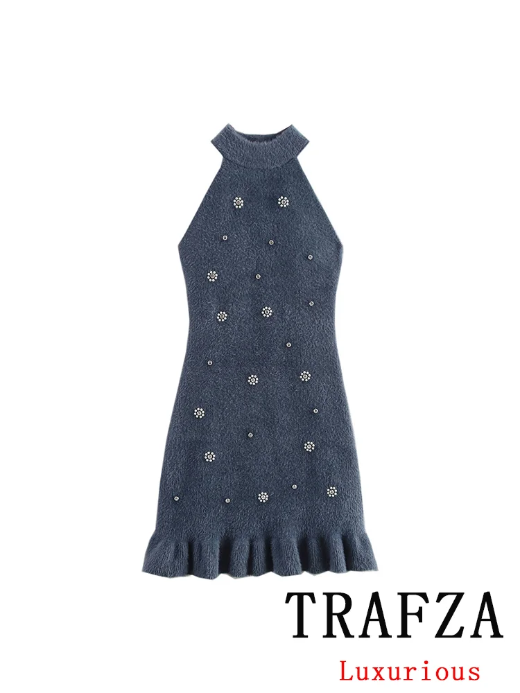 TRAFZA Vintage Casual Chic Women Dress Halter Pearl Sleeveless Straight Mini Vestidos New Fashion 2024 Autumn Holiday Dress