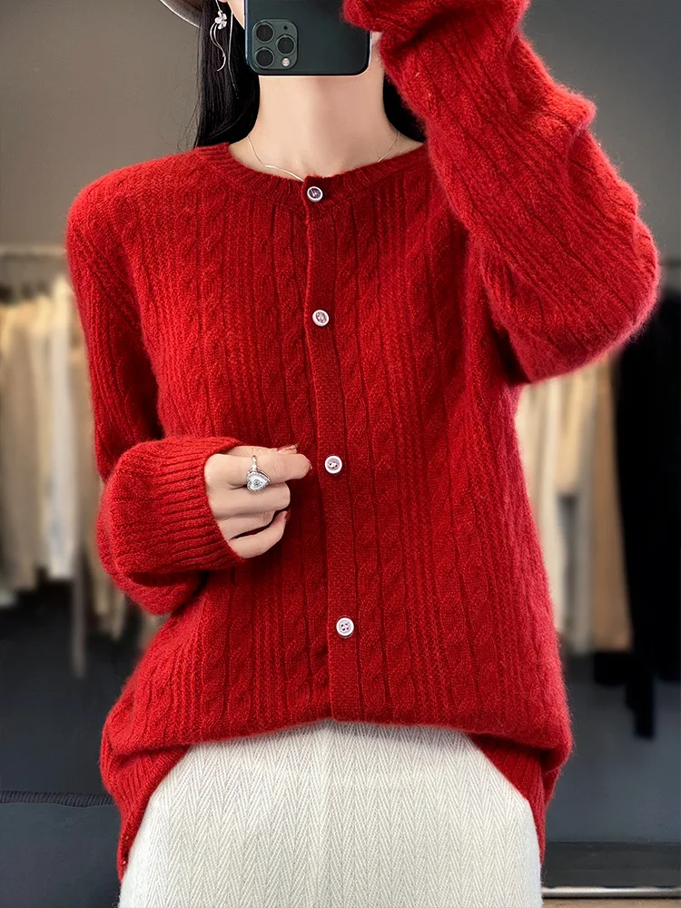 

100% Merino Wool Sweater Buttoned Cardigan For Women’s O-neck Spring Autumn Winter Long Sleeved Knitwear Cashmere Fashion Coat