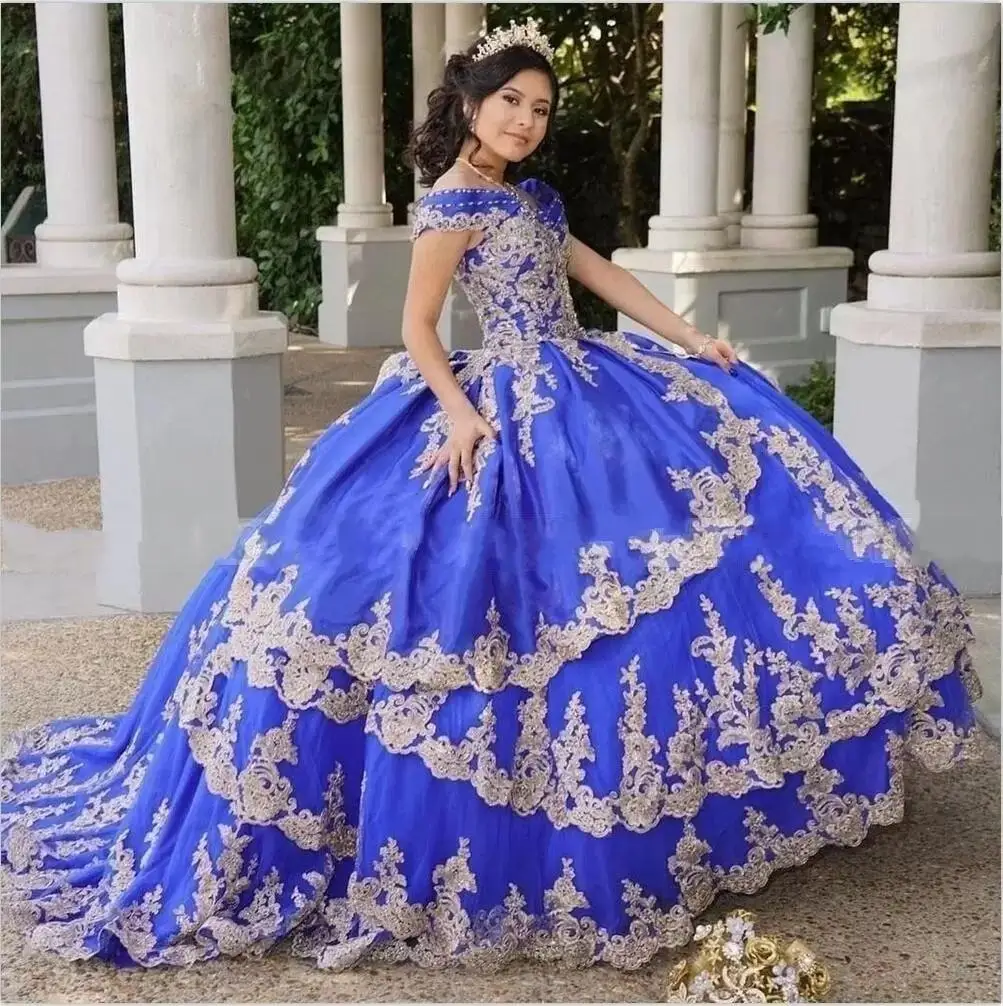 Meninas de 15 Anos Porno 2022 Royal Blue Gold Applique Quinceanera kleider Kleider Ballkleid Puffy Weg Von Der Schulter Für frauen