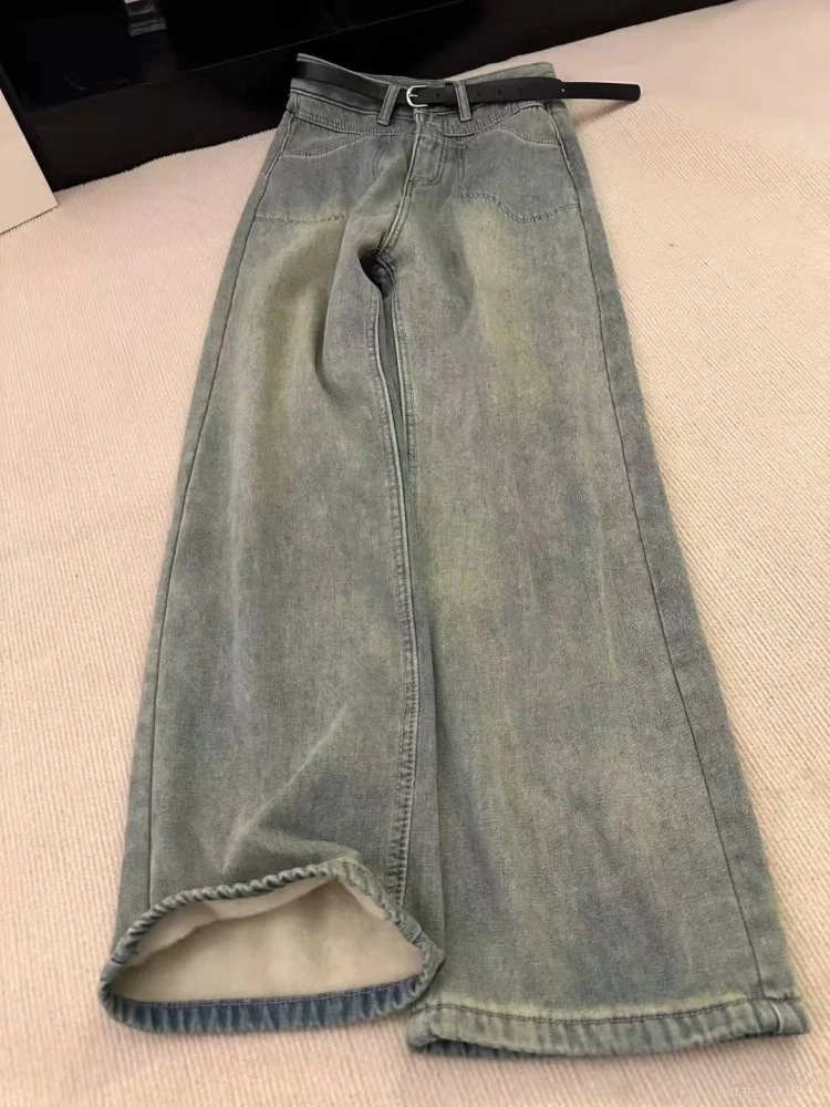 

Женские зимние джинсы больших размеров с флисовой подкладкой, свободные, с высокой талией, прямые, широкие штанины, удобные, мягкие, эластичные