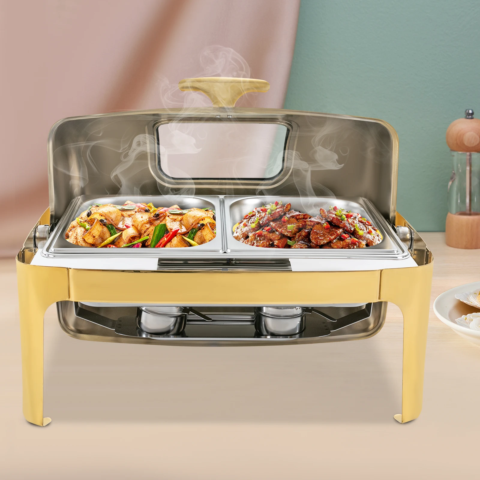 Gold Chafing Dish 9L Double Pan, Stainless Steel Buffet Server With Glass Lid & 180° Roll Top, 2 Food Pans for Party Banquet Wedding Catering