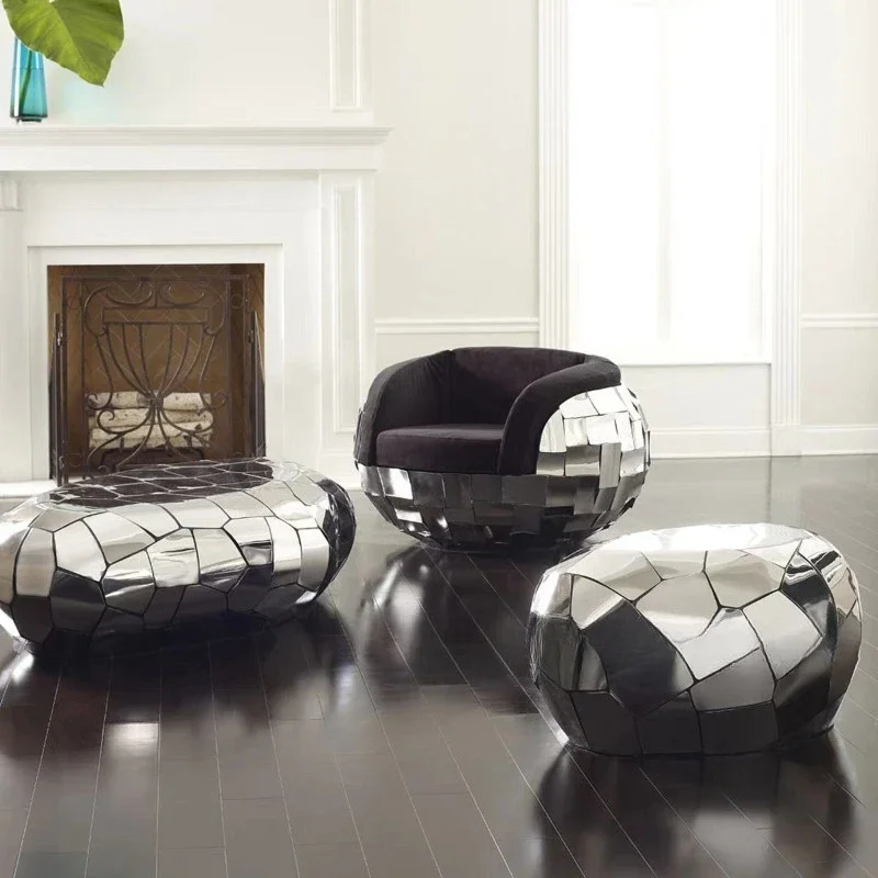 Metal chair household living room, homestay stainless steel mirror single chair
