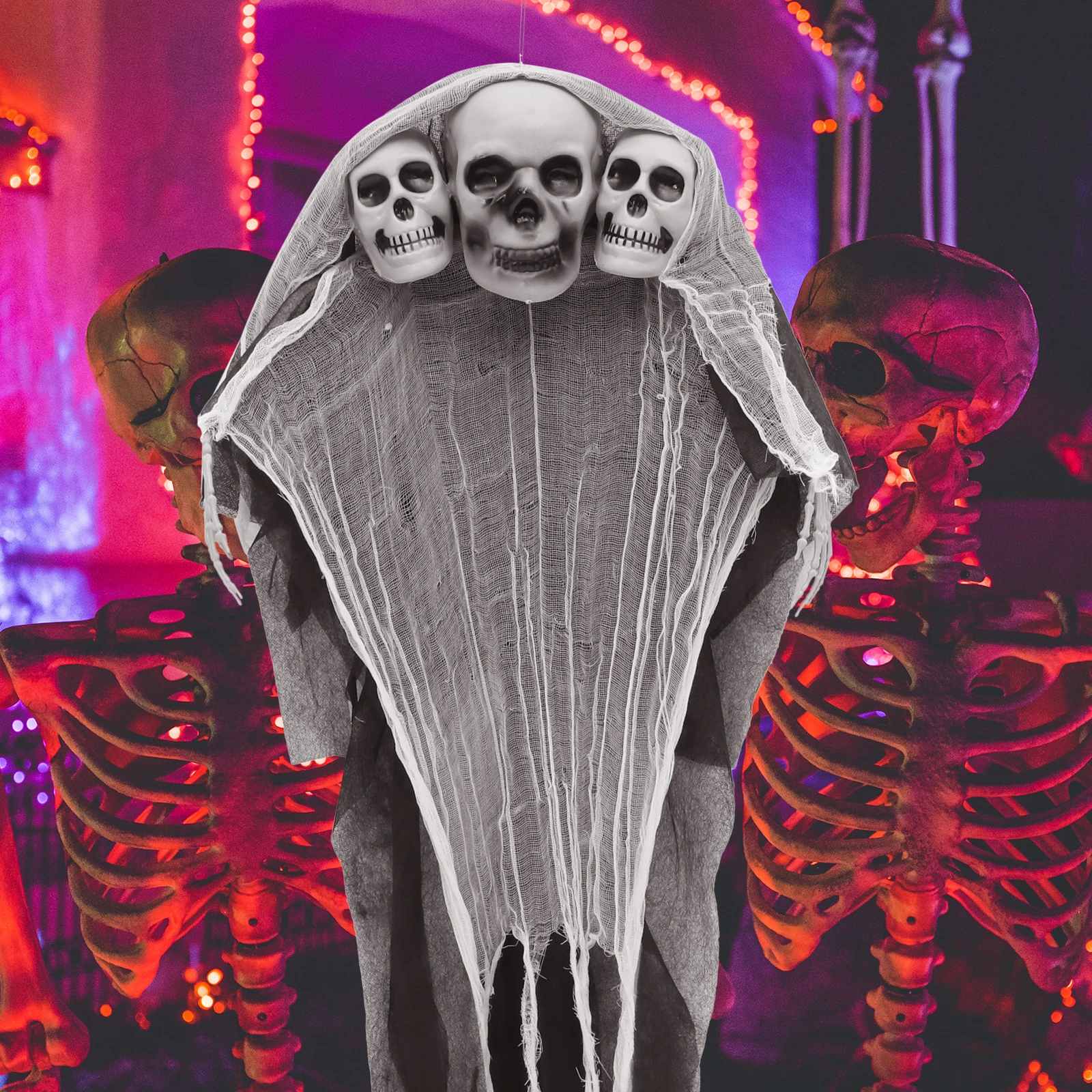 

3 headed Hanging Ghost Decor White Realistic for Halloween Haunted House Escape Room Party DIY Reusable Plastic Fabric