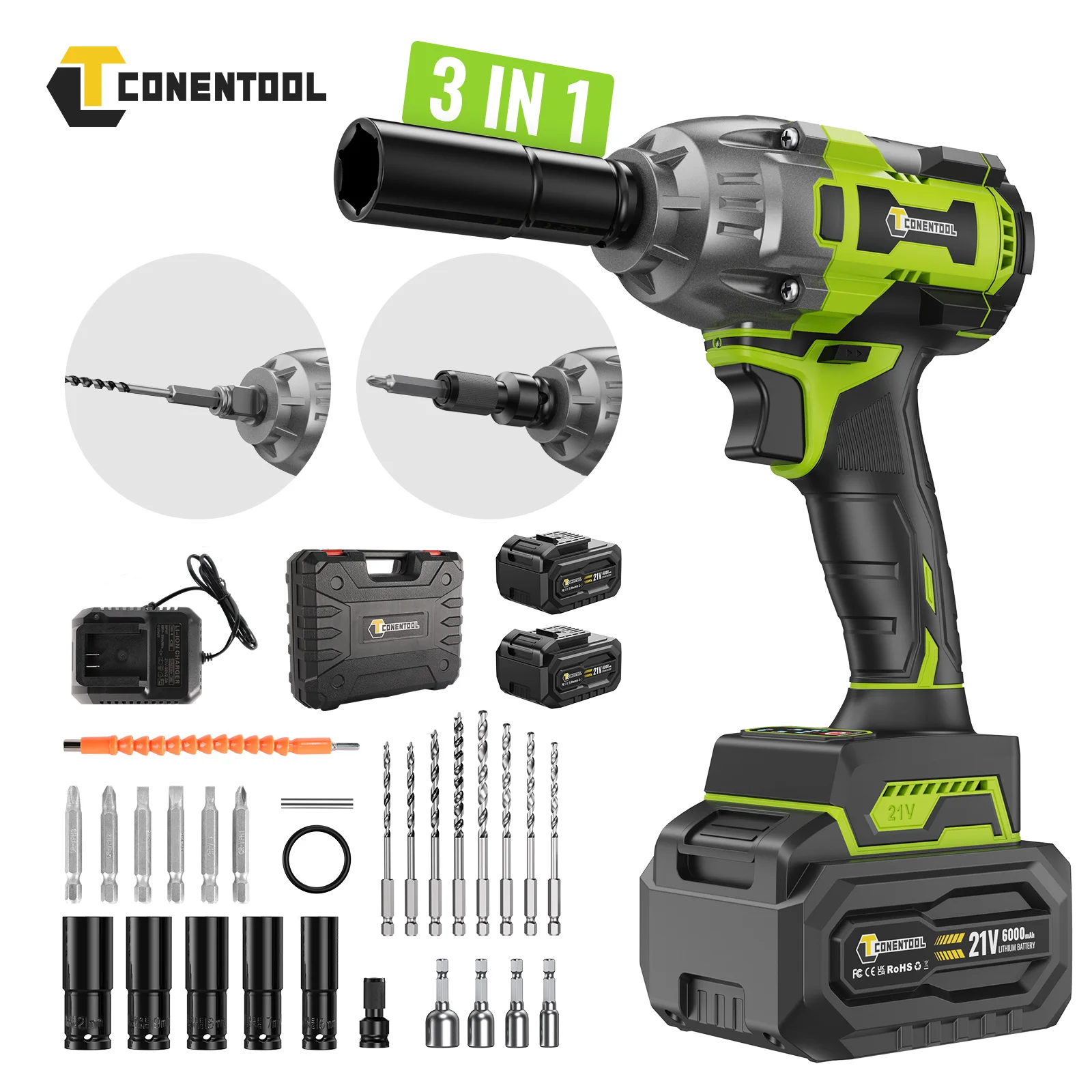 CONENTOOL 21V Cordless Impact Wrench, 1/2” Brushless, 520Nm, with 2x 6000mAh Batteries, Electric Impact Gun for Car and Home