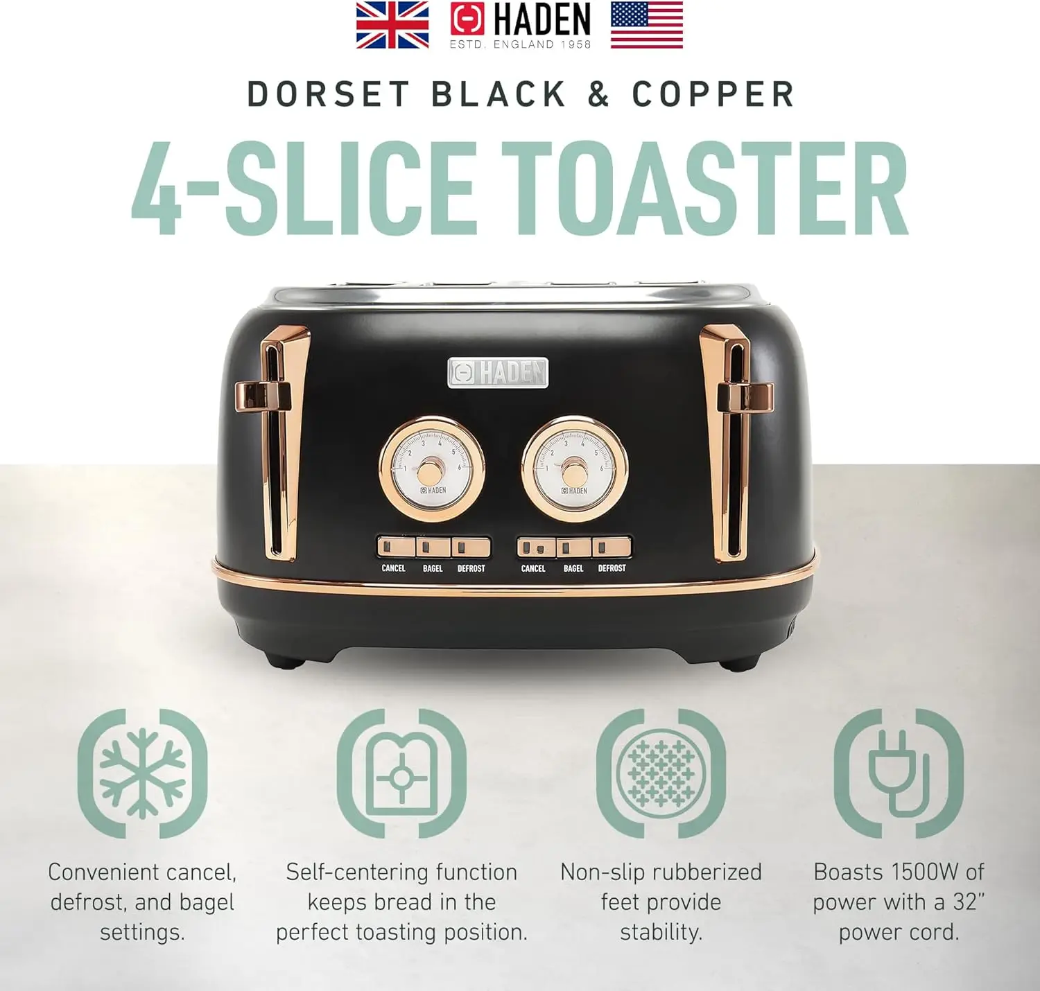 Wide Slot Stainless Steel Toaster with Adjustable Browning Control & Non-Slip Feet, Black & Copper