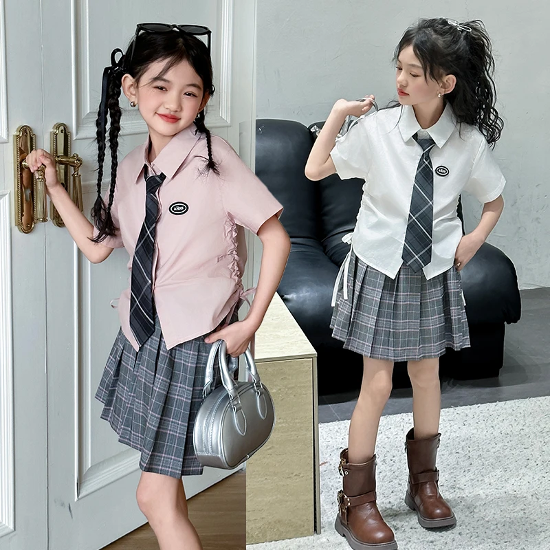 

summer Academy style teenager girls JK clothes skirt set cotton shirt+plaid pleated skirt+tie 3pcs 4-14 kids suit childer outfit