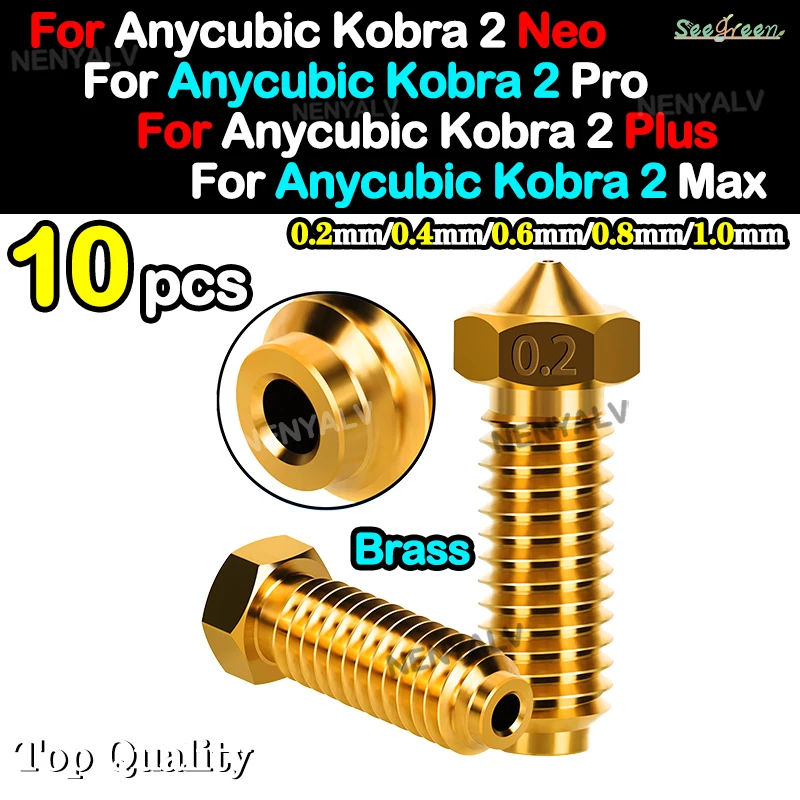 

For Anycubic Kobra 2 Pro Flow High Precision 10pcs For Anycubic Kobra 2 Neo Volcano Brass Nozzle 0.2/0.4/0.6/0.8/1.0mm Nozzle