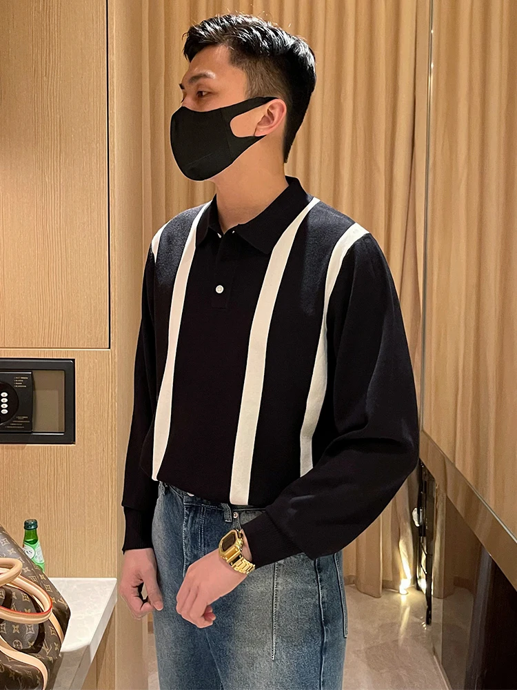 

Мужской вязаный свитер в стиле ретро с воротником, модный, высококачественный, в полоску, с цветовыми блоками, приталенный крой