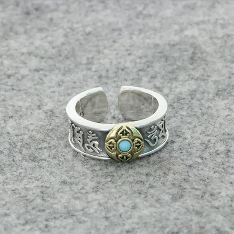 Bague en argent regardé avec turquoise GROBlue True Six Rick pour homme, bijoux personnalisés, style ethnique, tempérament, ouvert, vente en gros