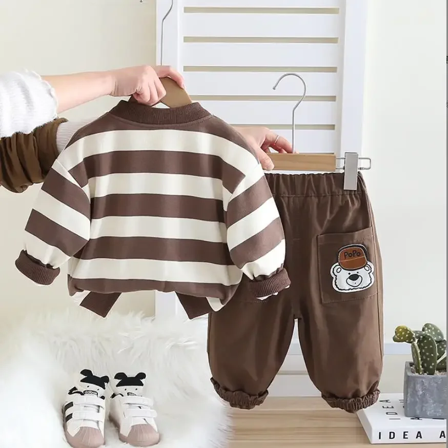 Baby Boutique Outfits 2025 Spring Autumn Striped Bear Cardigan Coat+Cartoon T-shirt+Pants 3Pcs Children Suits Kids Boys Clothes