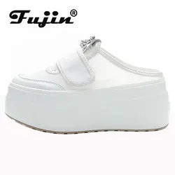 Fujin 8cm New Air Mesh Round Toe Platform Wedge Hollow Comfy Ladies Women Sandals Slipper Slides Summer Breathable Fashion Shoes