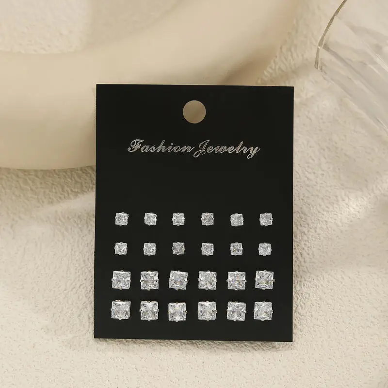 24 Pairs Square & Round Zircon Stud Earrings Set, Silver Color Multi Size Minimalist Ear Jewelry for Women