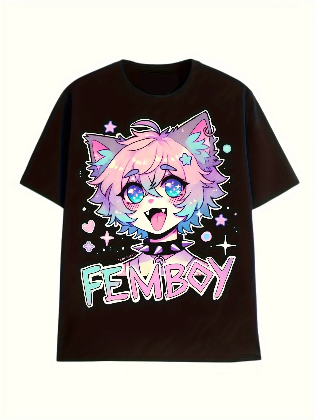 T-shirt pour homme FEMBOY avec oreilles de chat, style anime audacieux, motif graphique, streetwear, tee-shirt oversize, nouveauté estivale, gothique Y2K