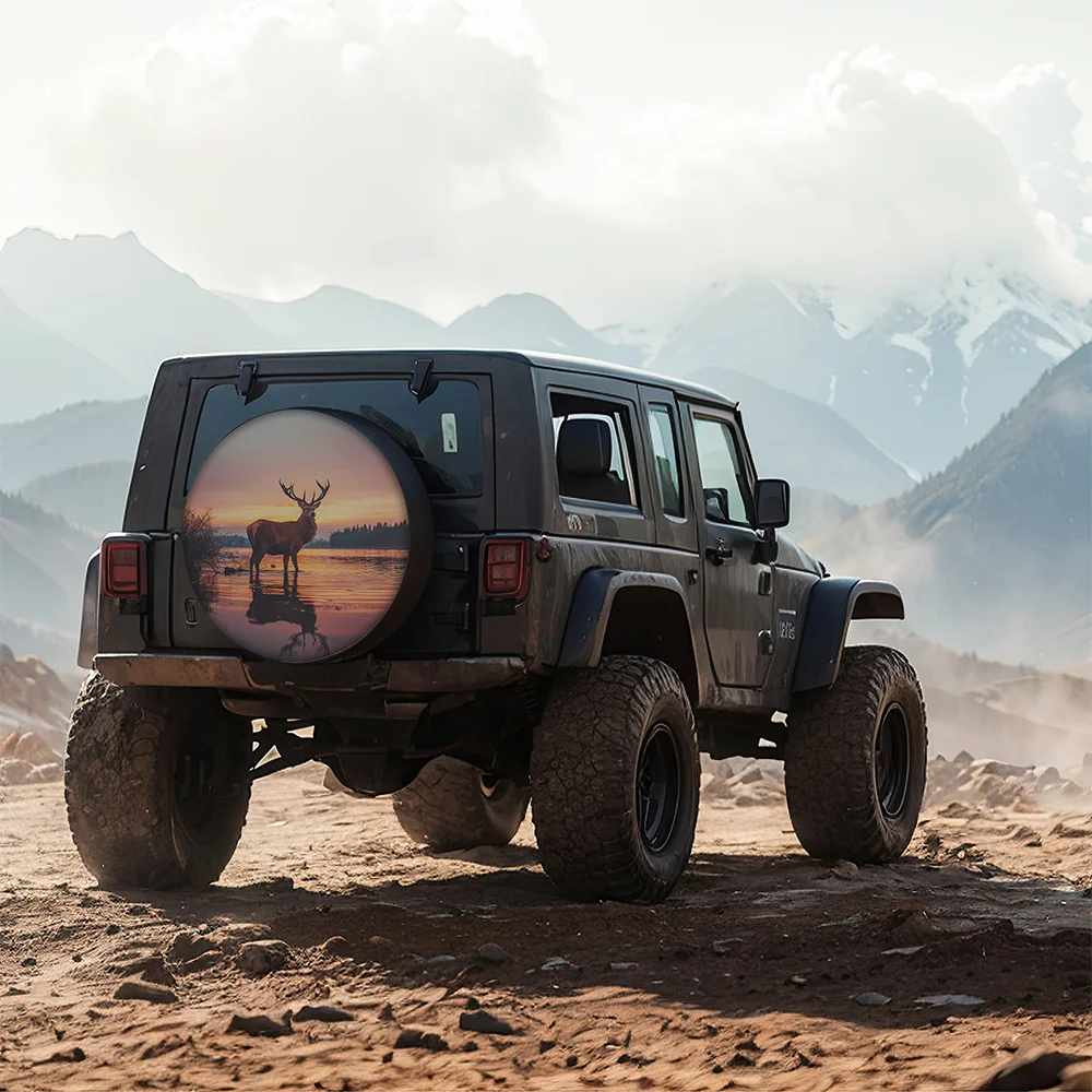 Sunset Deer Silhouette Tire Cover - Realistic Photography Design, Fit For Cars, SUVs, And Trucks, Enhances Vehicle Aesthetics Wi