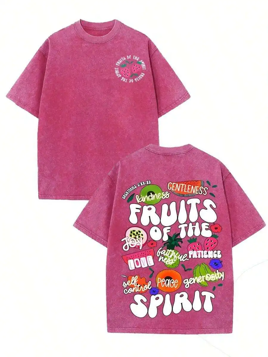 

Fruits Of The Spirit Retro Print T-Shirt Loose Fit Washed Cotton Casual Summer Tee