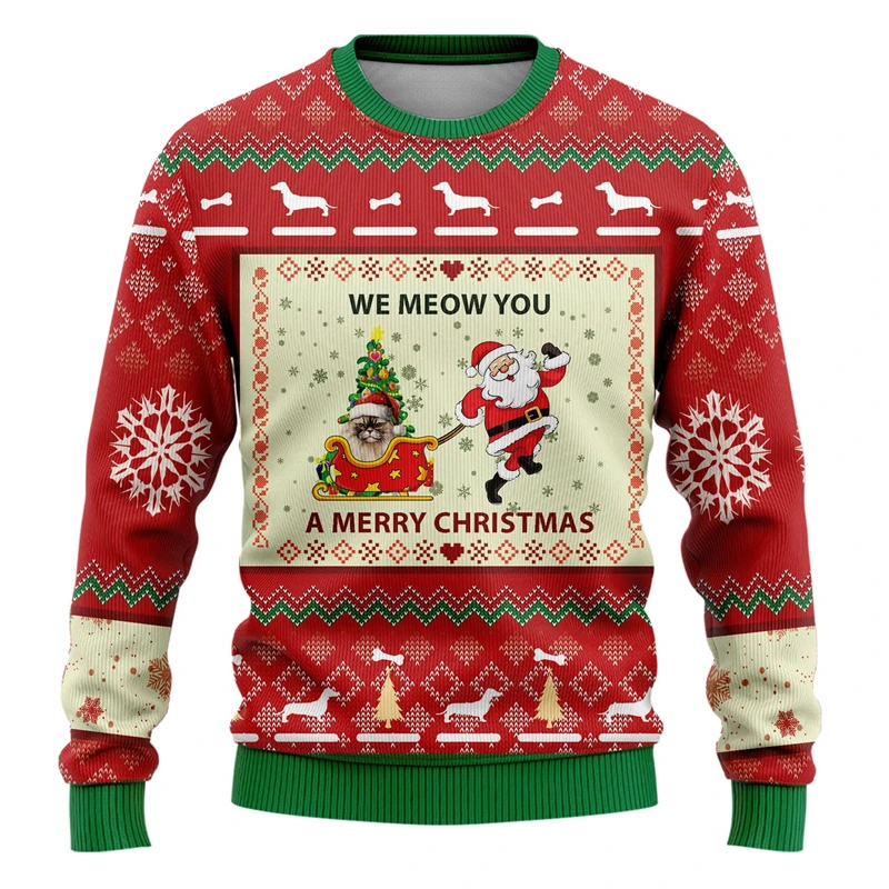 Sweter Natal jelek grafis Santa kucing lucu Sweatshirt gambar cetak 3D kucing hewan peliharaan lucu Atasan Pria pullover longgar mode