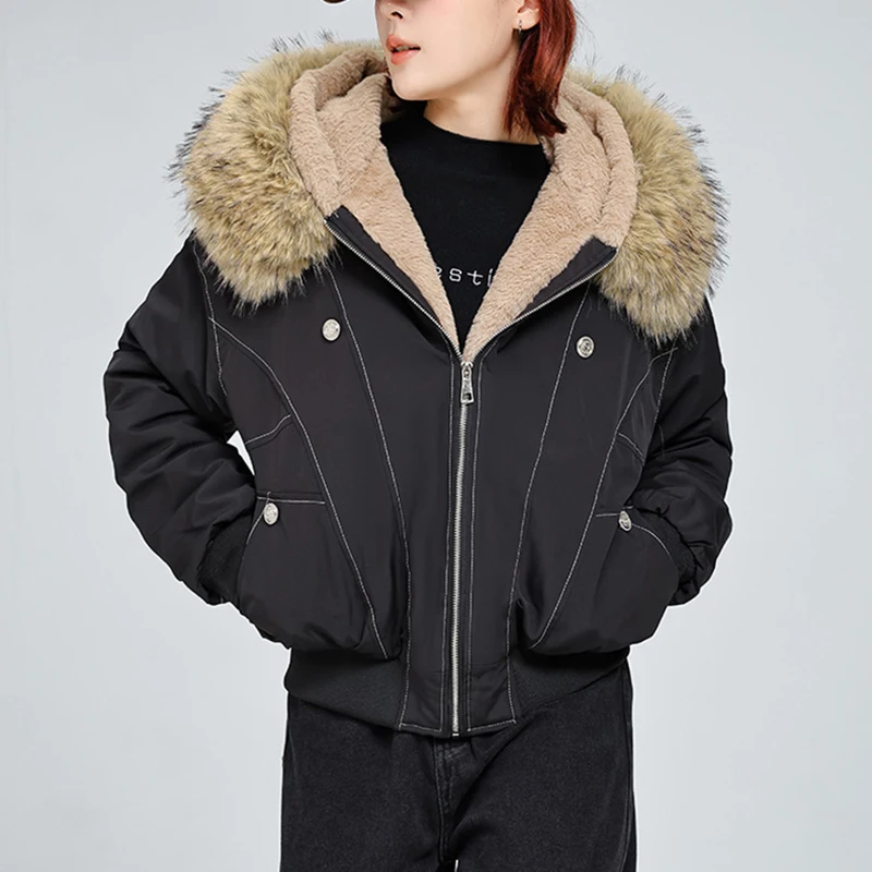 

Fur Collar Women's Hooded Casual Short Coat New Trend Windbreaker Pocket Cotton Parka Streetwear Autumn Winter Warm Outerwear