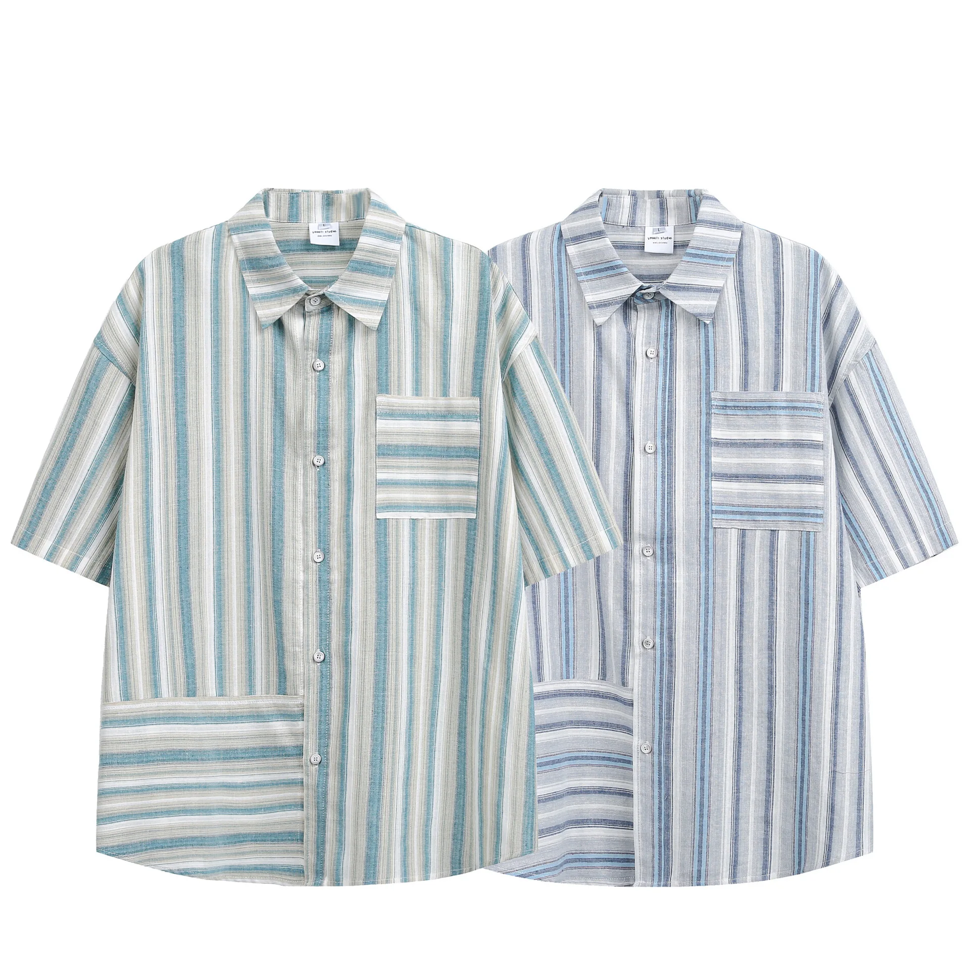 Summer Japanese Cityboy Oversized Striped Patchwork Workwear Short-Sleeve Shirt Loose-Fitting Unisex Half Sleeve Shirt Trend Top