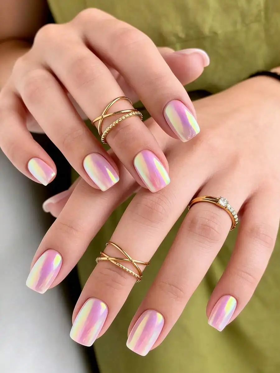 24pcs Short Square Press-On Nails Iridescent Chrome Pink False Nails With Glue Tape And File