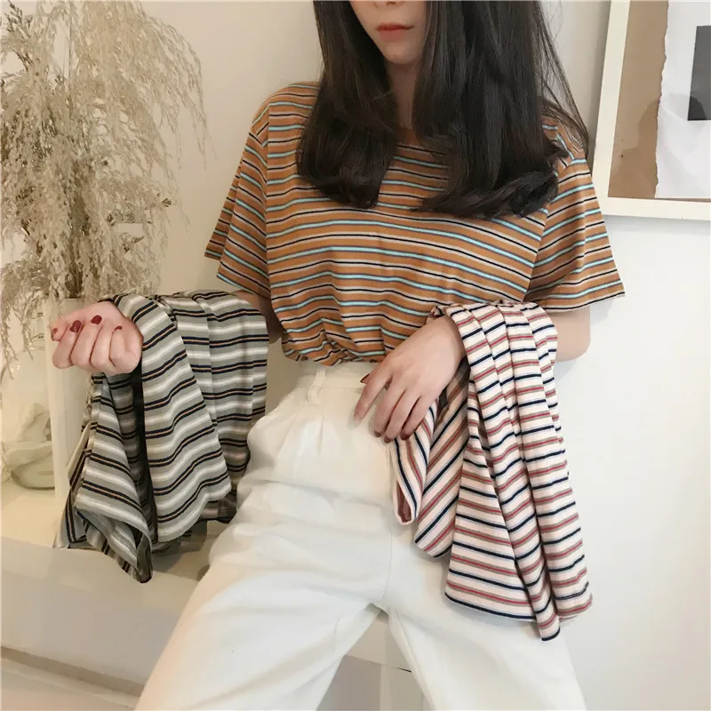 Summer T Shirt Women 2023 Summer Stripes Short Sleeve T-shirt New Female Render Unlined Upper Garment Harajuku Tshirt WBXW199