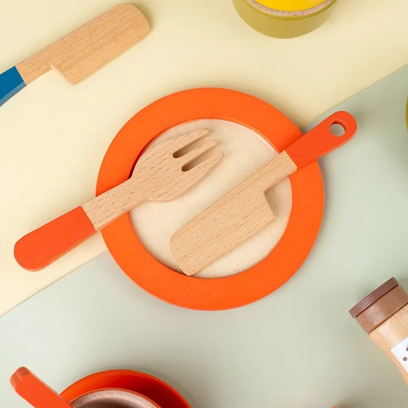 Houten Keuken Speelgoedborden Borden Montessori Kleur Bijpassende Cups Simulatie Spelen Voor Kinderen Spelen Bestek Bord Set Voor Kindercadeau