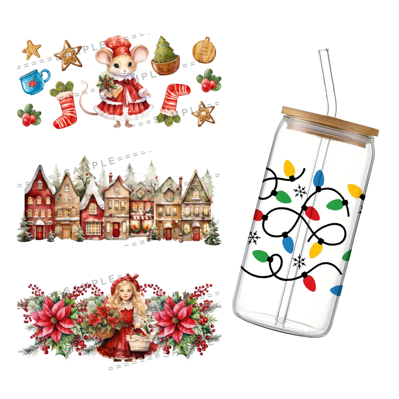 Christmas Theme UV DTF Transfers Stickers Decals For 16oz Libbey Cold Cups Mugs Tumbler Waterproof DIY Craft 16oz