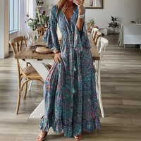 Mia Muse Summer Dresses 2025 Women's Indie Folk Fashion Full Print Long Sleeve V-Neck A-Line Long Dress