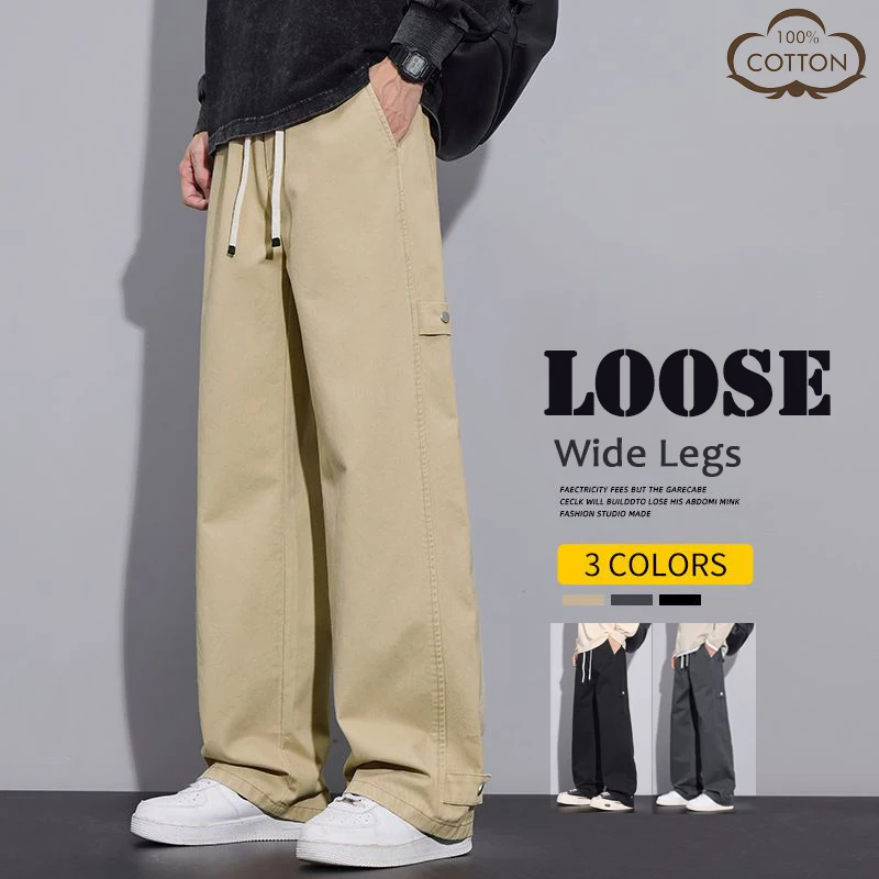 

100% Cotton Casual Pants Loose Straight-leg Waist Elastic Drawstring Style Trousers Breathable Fashion High Street Korea Pants