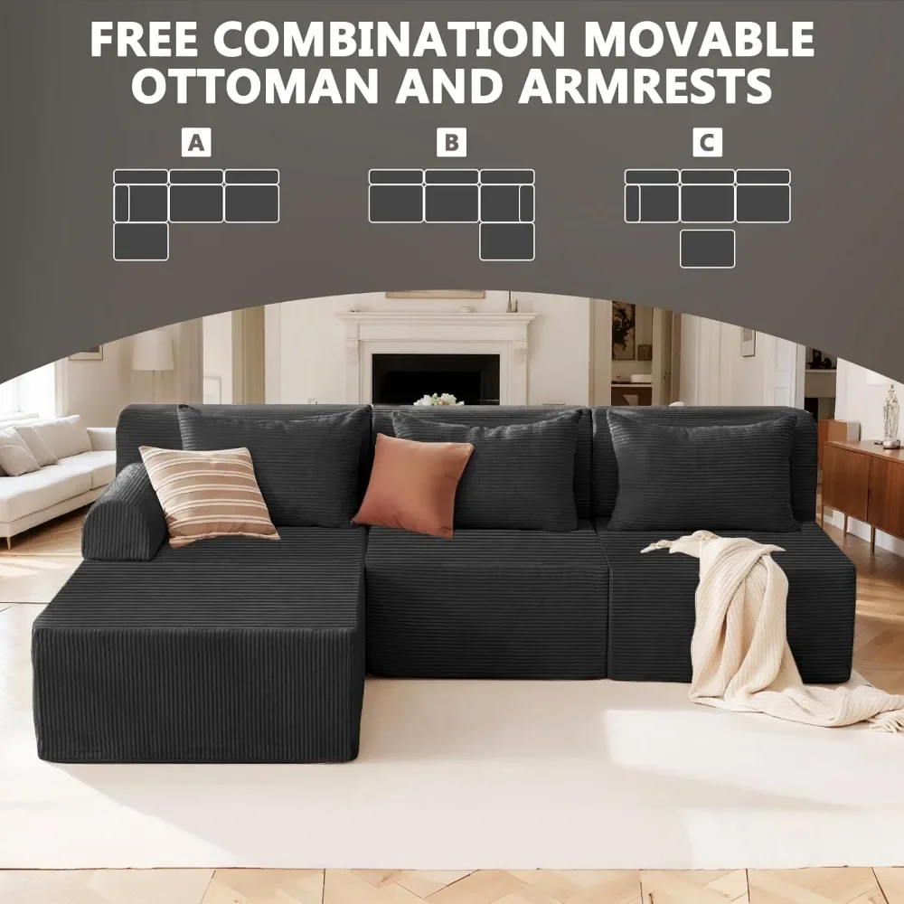 

93" Sectional Couches for Living Room, Modular Sectional Sofa, Cloud Couch with L-Shape Chaise, Boneless Couches, Comfy Corduroy