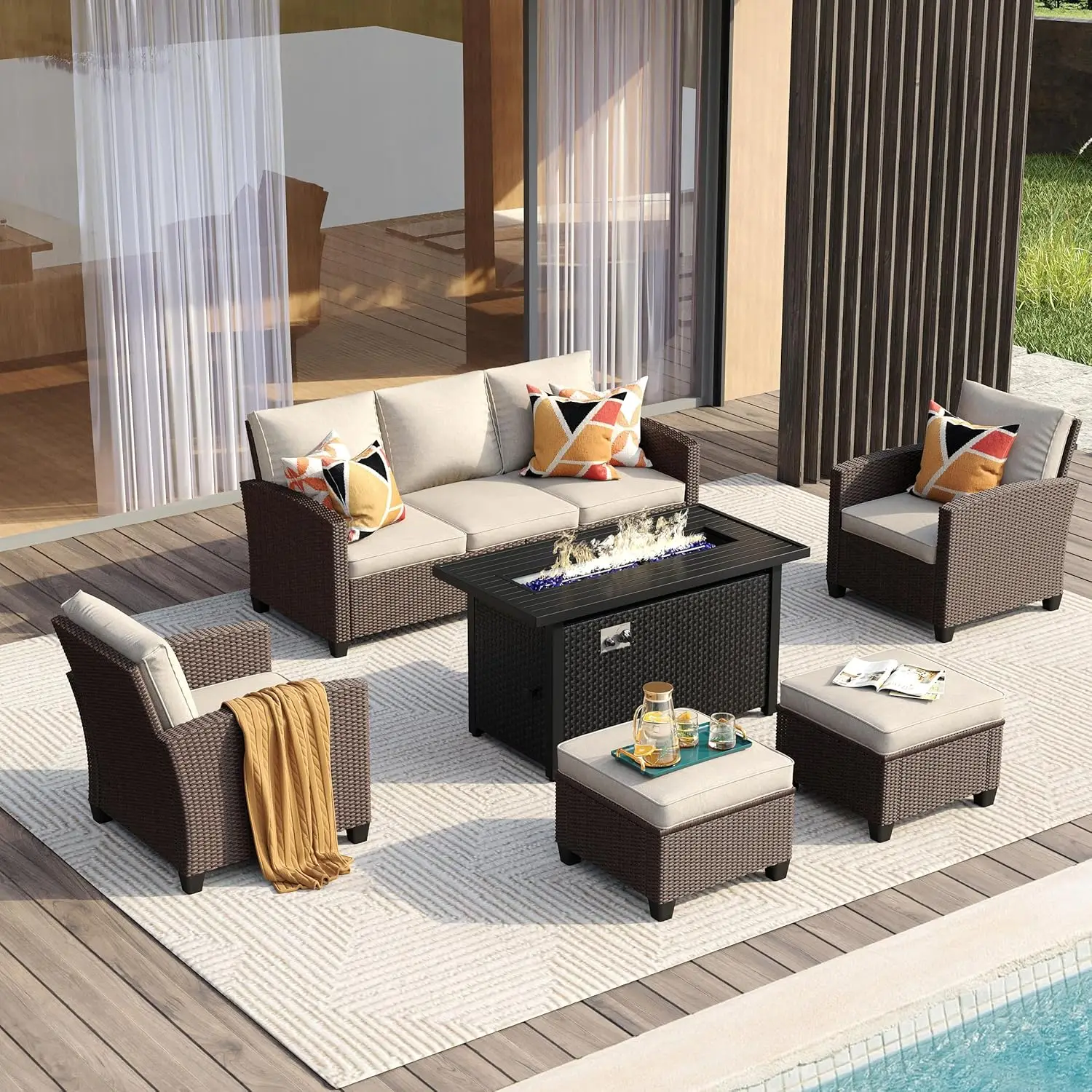 

Patio Rattan Conversation Sets with Ottomans/firepit,Sofa Couch, Patio Loveseat & Single Chairs, Cushioned Outdoor Sectional