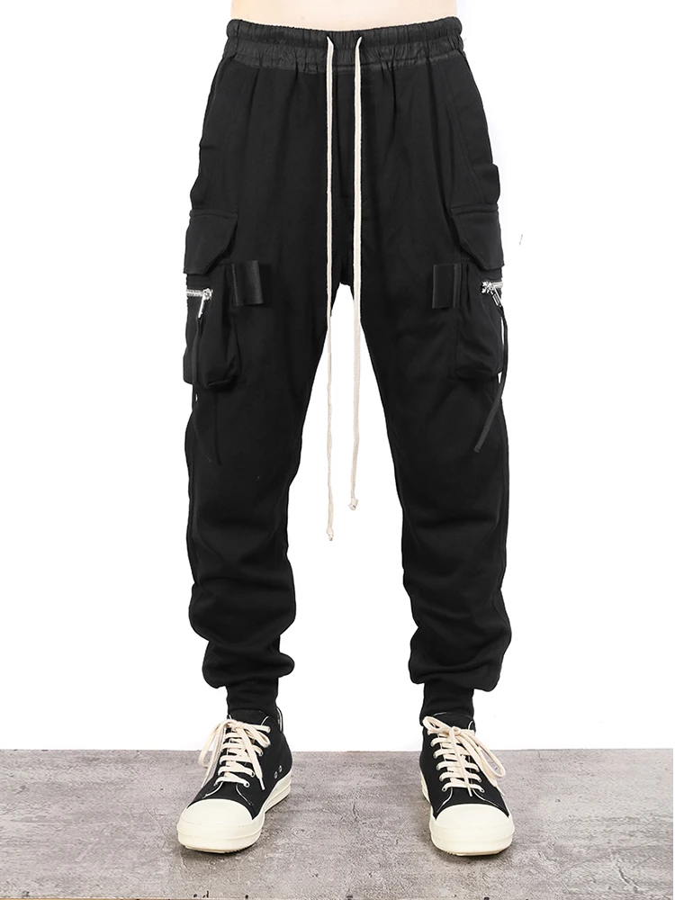High Street Dark RO Black Pants Men's Side Zipper Pockets Elastic Waist Work Pants with Multiple Pockets Sweatpant Casual Pants
