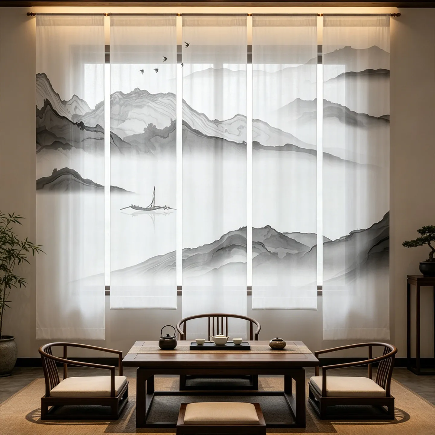 Japanese Rock Garden Hanging Room Divider – Semi Transparent Gauze Karesansui Partition for Zen Tea Room Meditation Yoga Studio