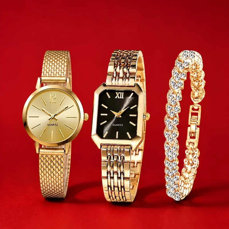 2 Women's Watches, 1 Bracelet, Elegant Square Quartz Watch with Stainless Steel Strap, Perfect Gift for Her, Ideal Gift for Friends and Family