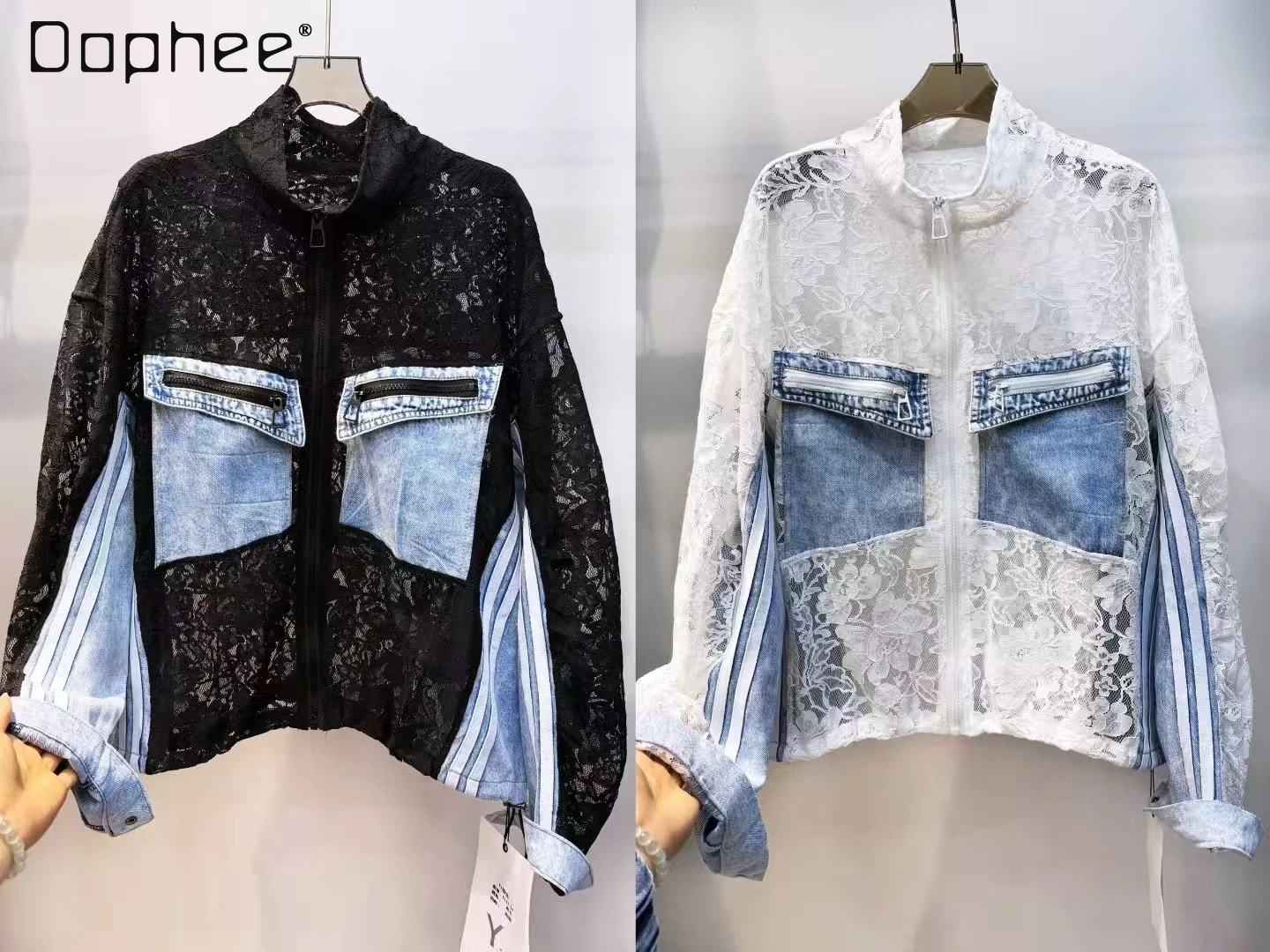 

European Jacket Women's 2026 Spring New Temperament Hollow Lace Splicing Denim Pocket Hem Pull Rope Top Jeans Jacket Women