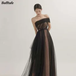 Bafftafe Customized Simple Black Beach Korea Lady Prom Dresses Tulle One Shoulder Floor Length Formal Evening Dress 빅사이즈 파티드레스