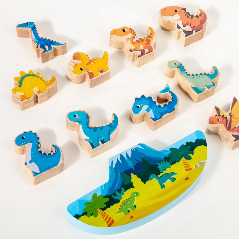 Wooden large particle dinosaur building blocks, children's stacking game, educational parent-child interactive toys