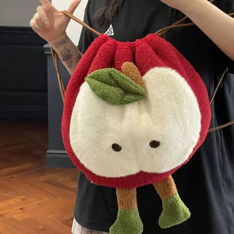 Kawaii Anime Love and Deepspace Cartoon Red Apple Drawstring Backpack Large Capacity Plush Diagonal Cross Student Shoulder Bag