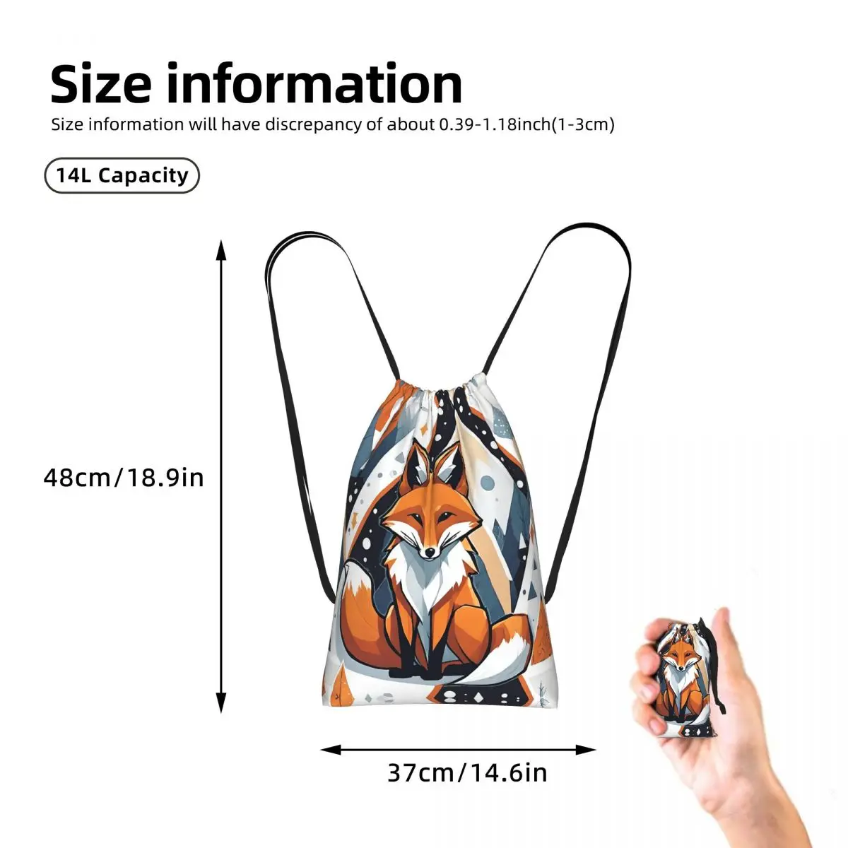 Smiling Geometric Fox Drawstring Backpack hiking cycling Bag Lightweight Foldable Storage Drawstring Bag for Men Women