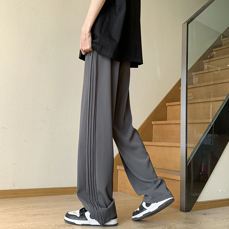 Khaki/Black/White/Dark Gray Mens Korean Solid Color Ice Silk Pants Harajuku Streetwear Casual Loose Trousers Plus Size 4XL-M