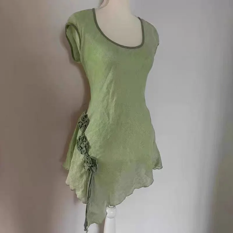 Summer Thin Green Tang Suit Irregular Mini Dresses Women Sleeveless 3D Floral Camisole Dress Slim Short Vestidos