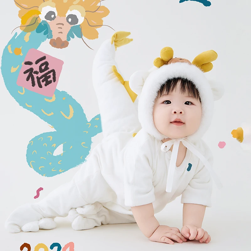 12 Months Newborn Photography Outfits  White Dragon Outfits With Tail Jumpsuit Hat 2pcs/Set Studio Costume Shooting Photo Props