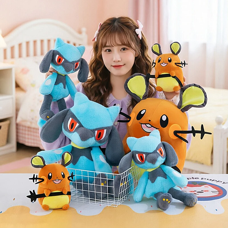 Juego de Peluches Grandes de Riolu y Dedenne de Pokemon, Muñecos de Peluche Suaves de Riolu y Dedenne para Fanáticos y Niños, Regalo de Cumpleaños Infantil