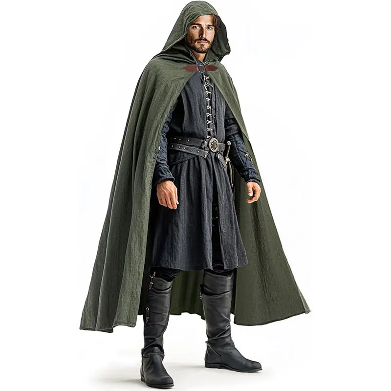 Mittelalterlicher Kapuzenumhang aus Leinen - Renaissance-Umhang mit Kapuze für Halloween, Hobbit-Cosplay, Hexen-, Zauberer- und LARP-Auftritte – Detail 2