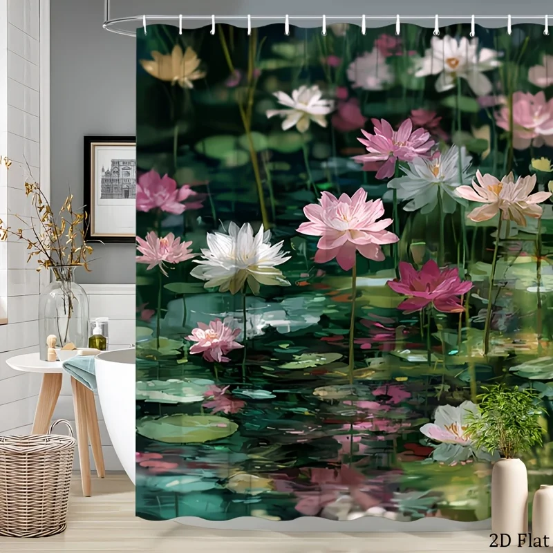 Boho Water Lily Pond Nature Shower Curtain Waterproof Bathroom Decor Tropical Floral Print Shower Curtain 180x180cm