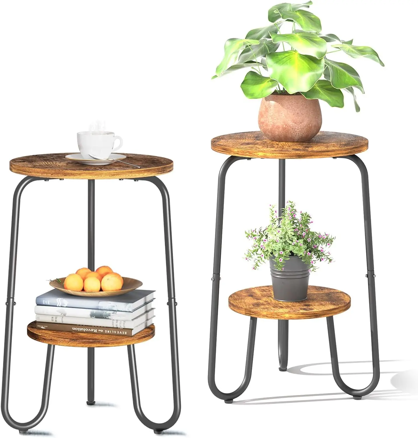 

2-Tier Wood Plant Stand Indoor, Small Round Flower Pot Holder for Living Room Balcony, Rustic Brown Side Table (2-Pack)