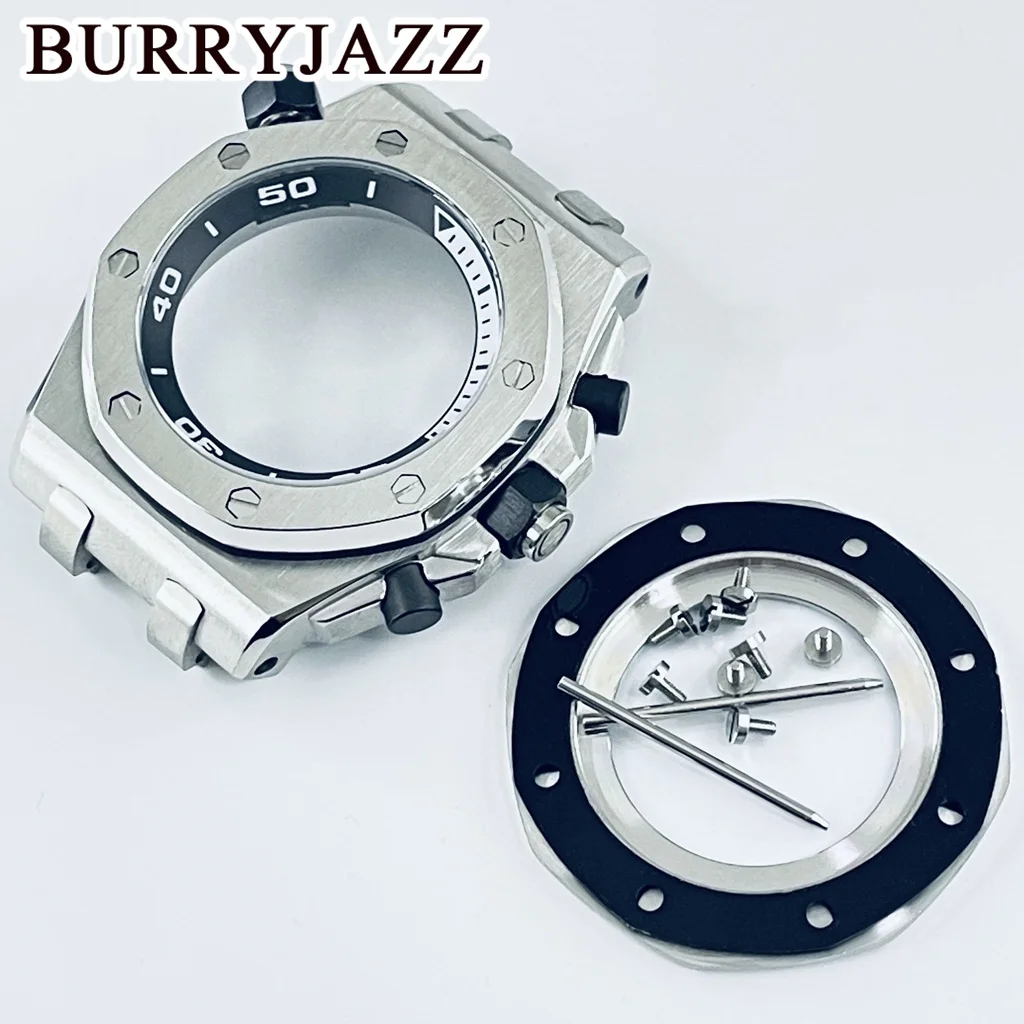 BURRYJAZZ 42mm Silver VK63 Case Quartz Watch Chronograph VK63A Coaetd Glass Watch Case